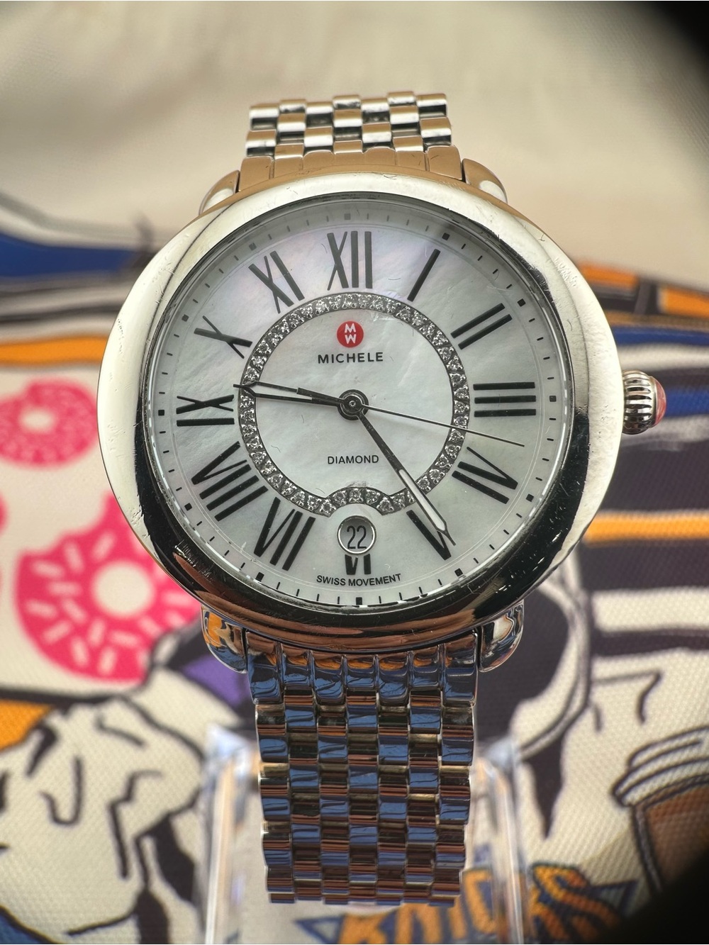 Michele Silver Stainless Steel Diamond Accent Watch with Mother-of-Pearl Dial